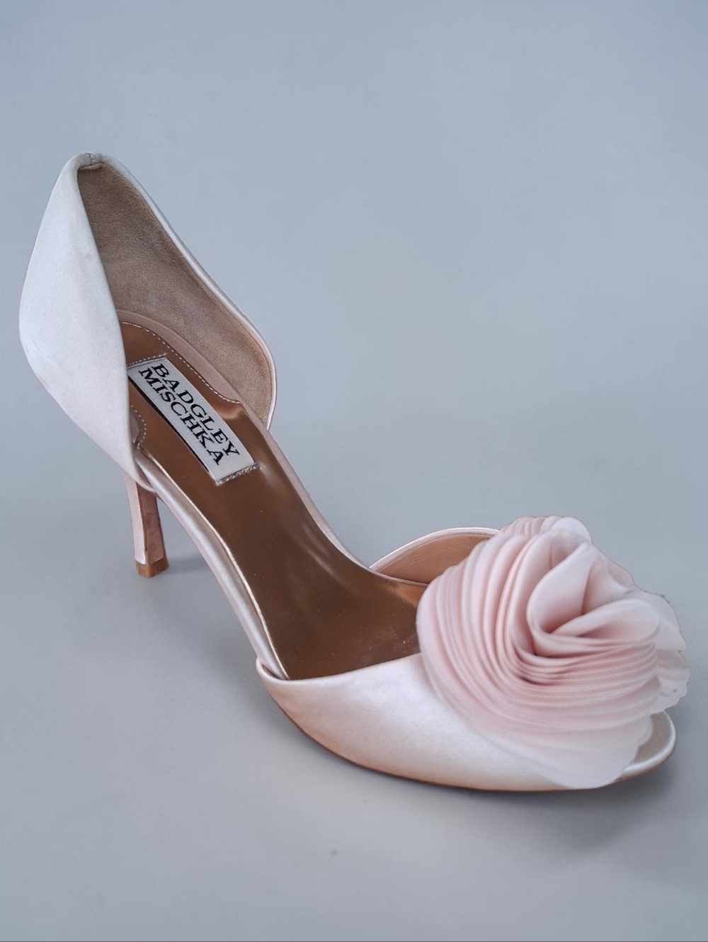 Badgley Mischka Blush Satin Heels Floral Peep Toe Stiletto Elegant Shoes